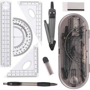 Math Geometry Kit Set, 8 Pieces w/ Shatterproof Storage Box - Rulers, Protractor